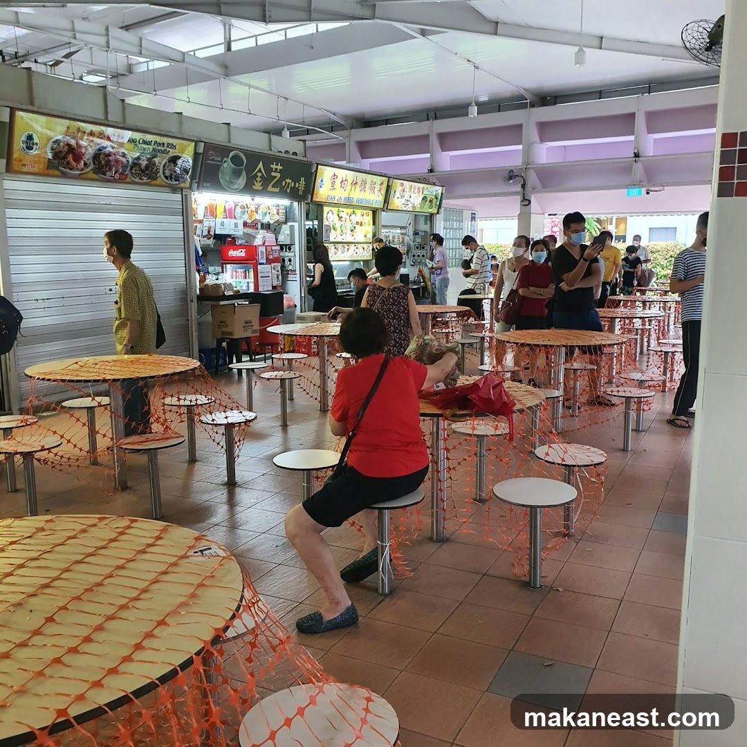 Food court with tables and stalls