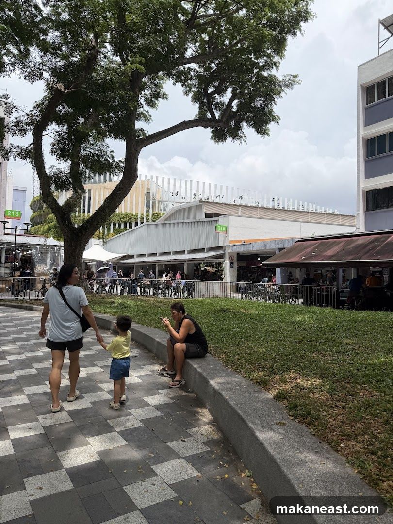 People in an outdoor area with shops in the background