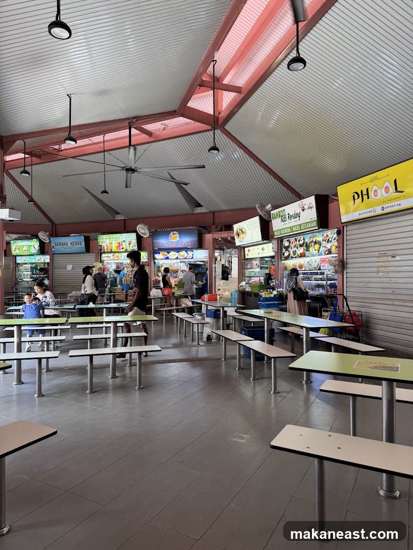 Food court with many stalls and seating