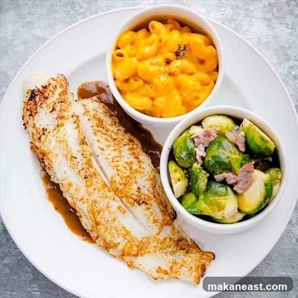 Fish with Mac and Cheese and Brussels Sprouts