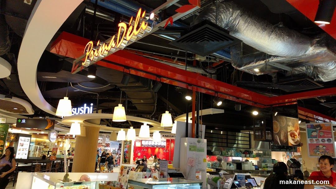 Food court interior with signage