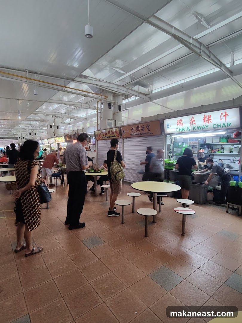 Food court with stalls and tables