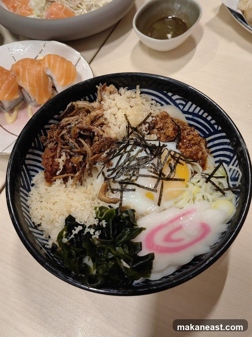 Udon Noodle Bowl with Salmon Sushi