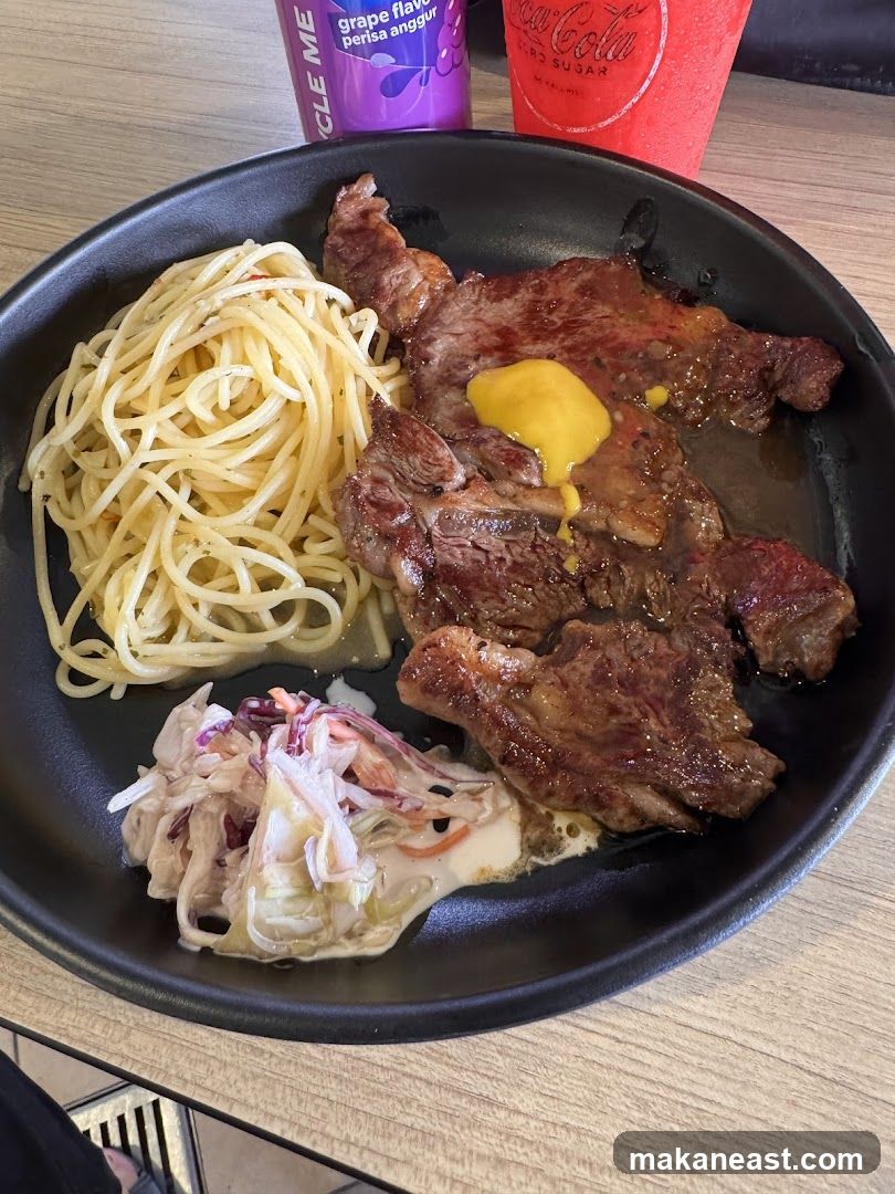 Steak Dinner with Spaghetti and Coleslaw