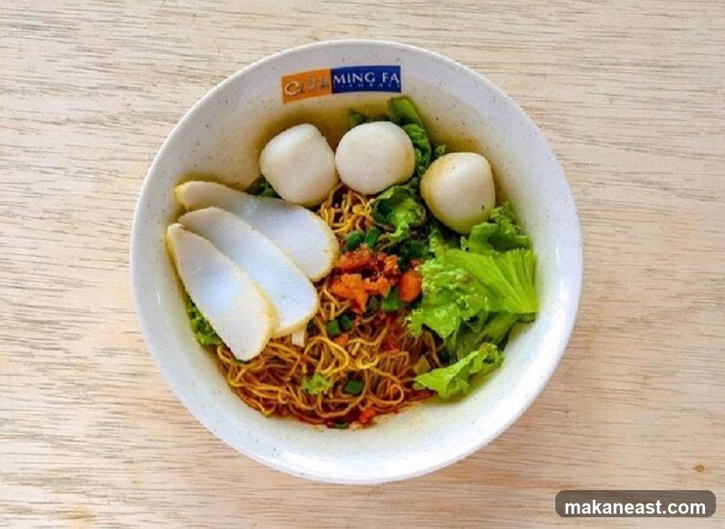Bowl of noodles with fish balls and vegetables