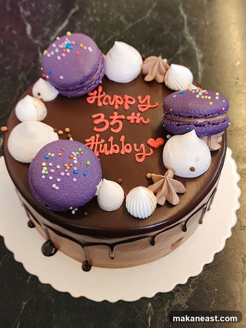 Chocolate Cake with Macarons and Meringues