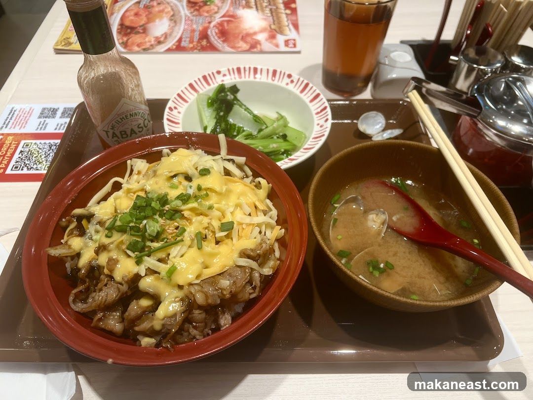 Beef bowl with cheese and miso soup