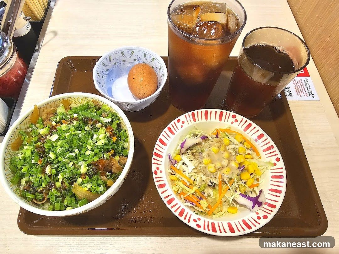 Meal Tray with Beef Bowl, Salad, Egg, and Drinks