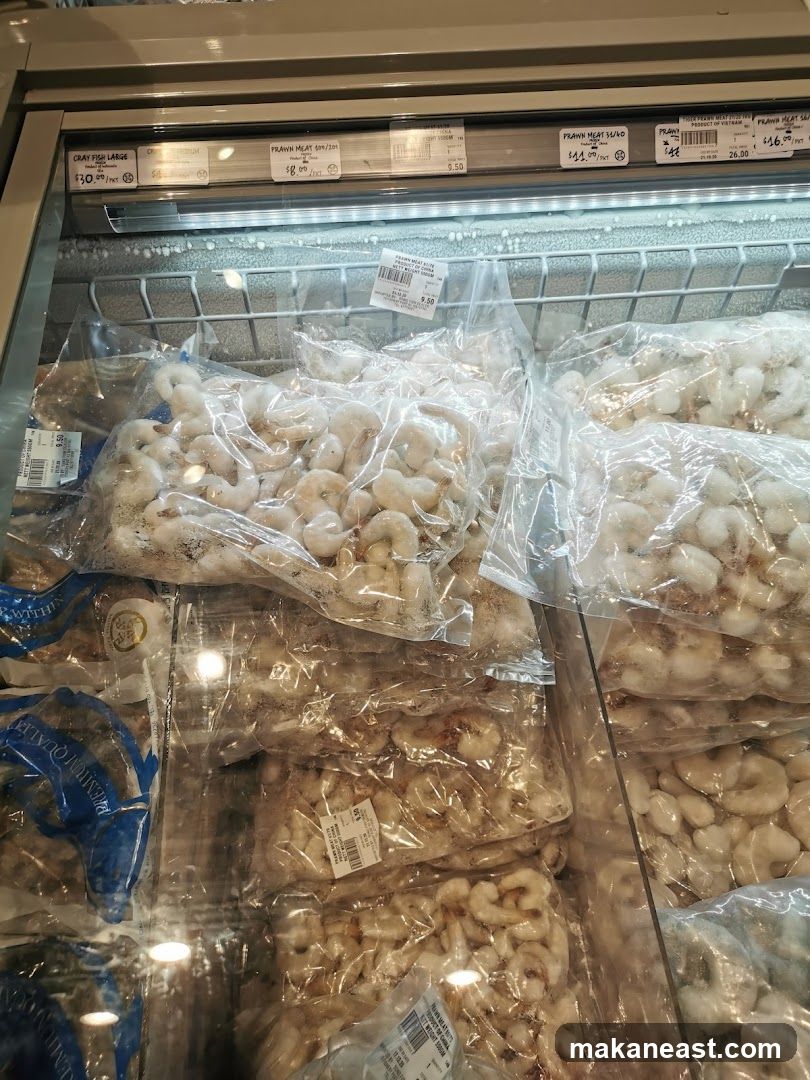 Frozen Prawns in Display Freezer
