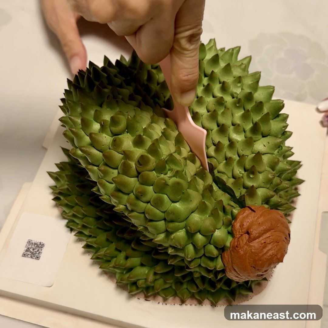 Durian-shaped cake being decorated