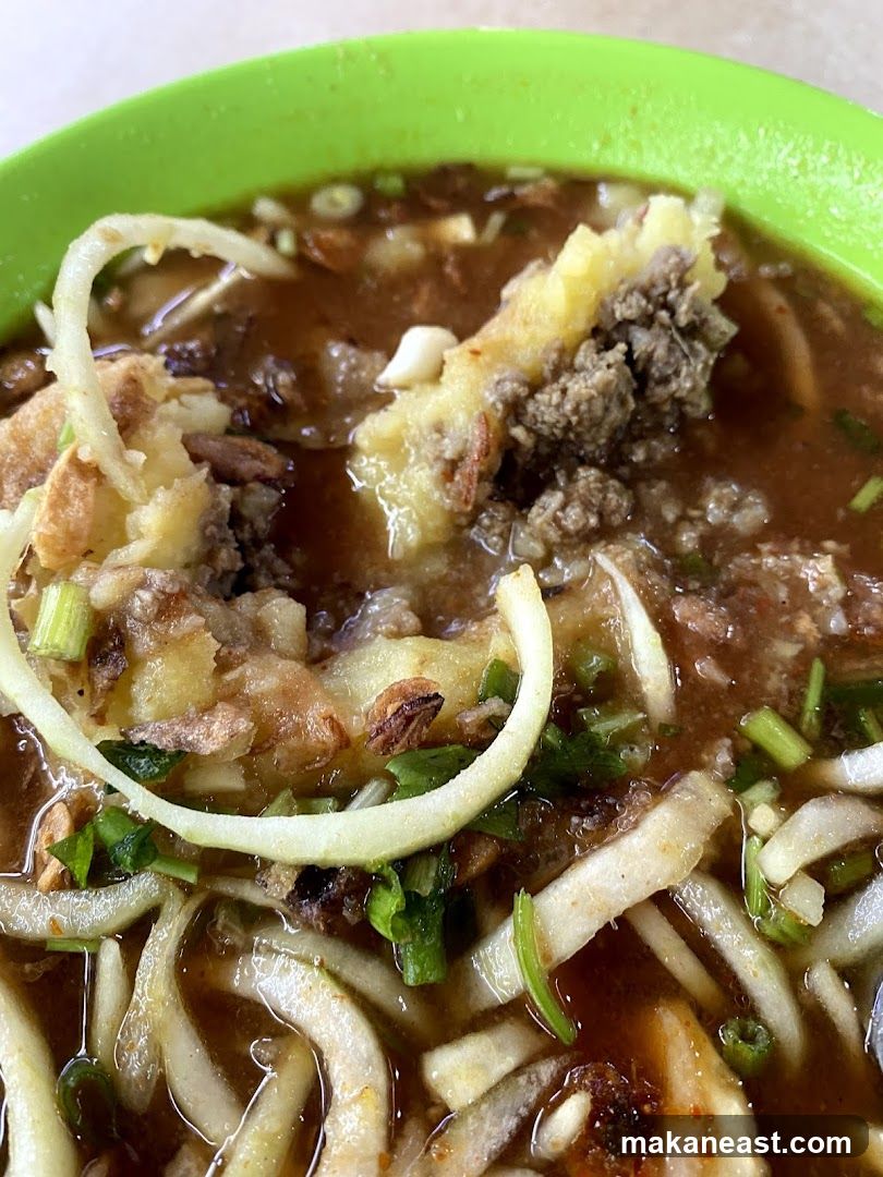 Close-up of a bowl of soup with noodles and meat