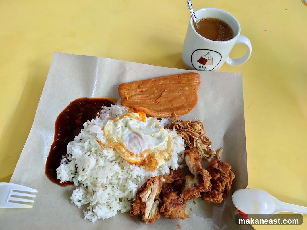 Nasi Lemak with Fried Chicken and Coffee