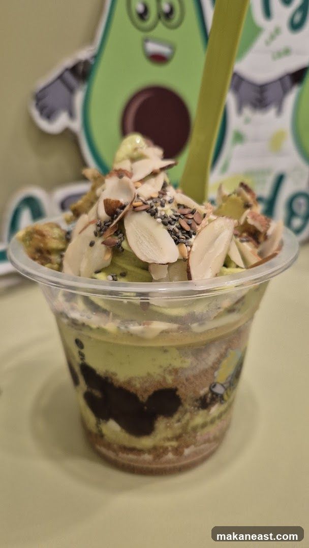 Avocado dessert with toppings