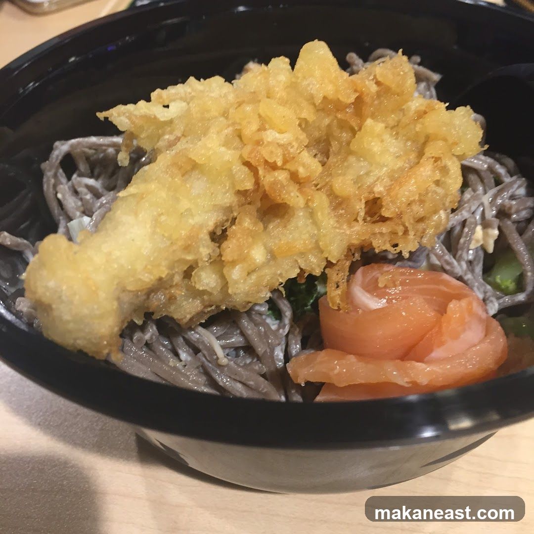 Soba Noodle Bowl with Tempura and Salmon