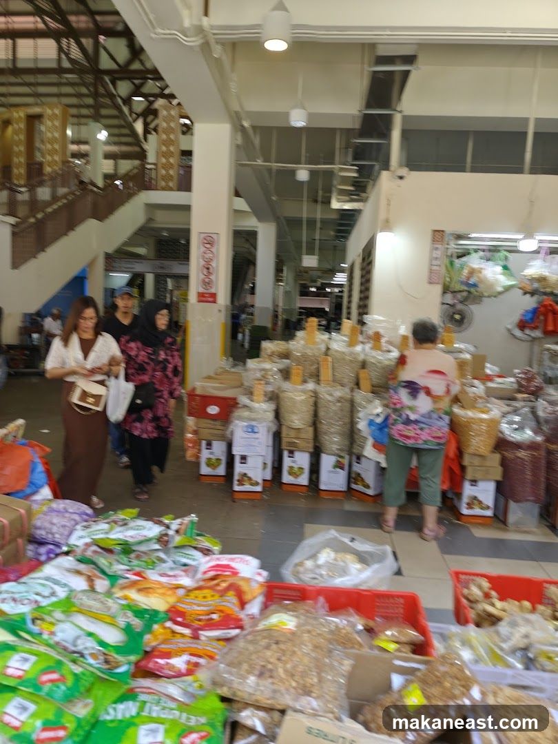 Market stalls with dried goods and produce