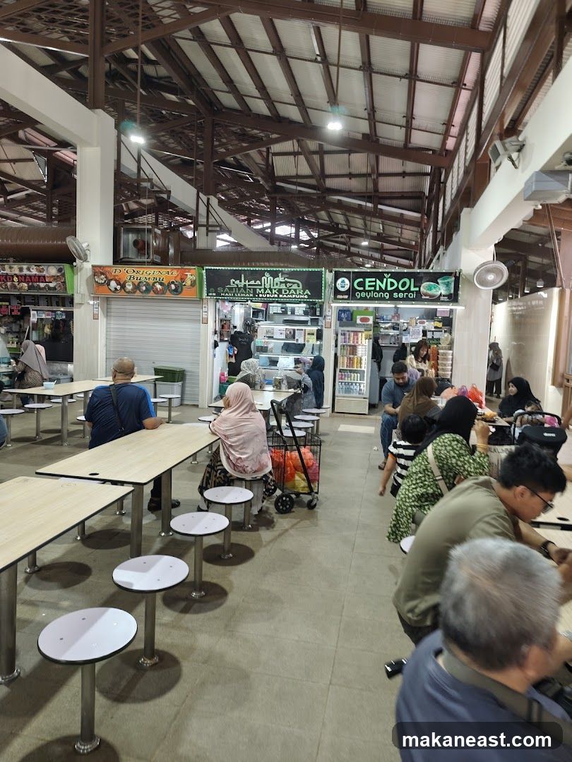 Food court with various stalls and seating