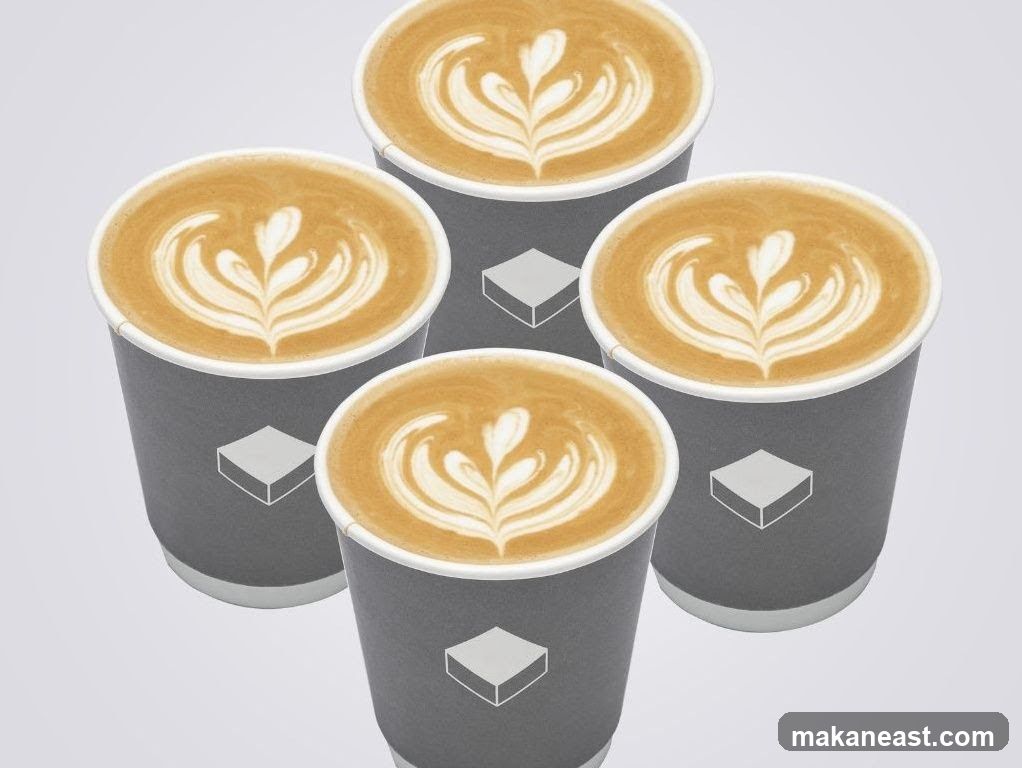 Four coffees with latte art