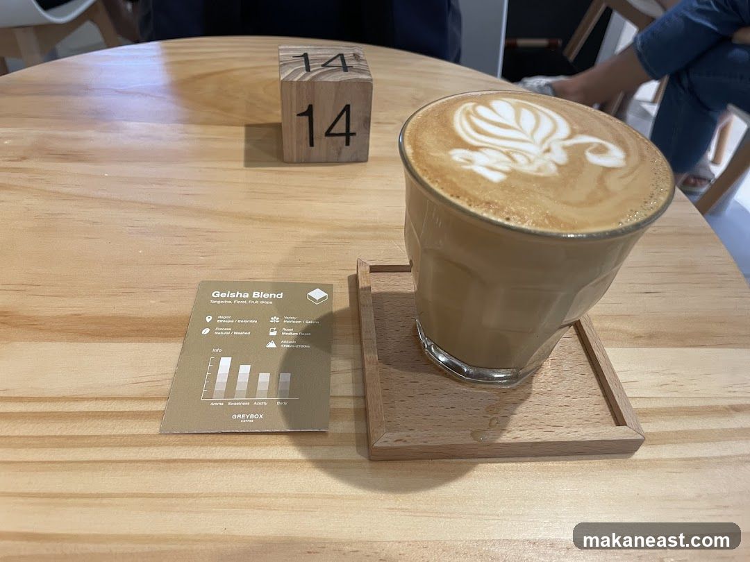 Coffee with latte art and coffee blend information card