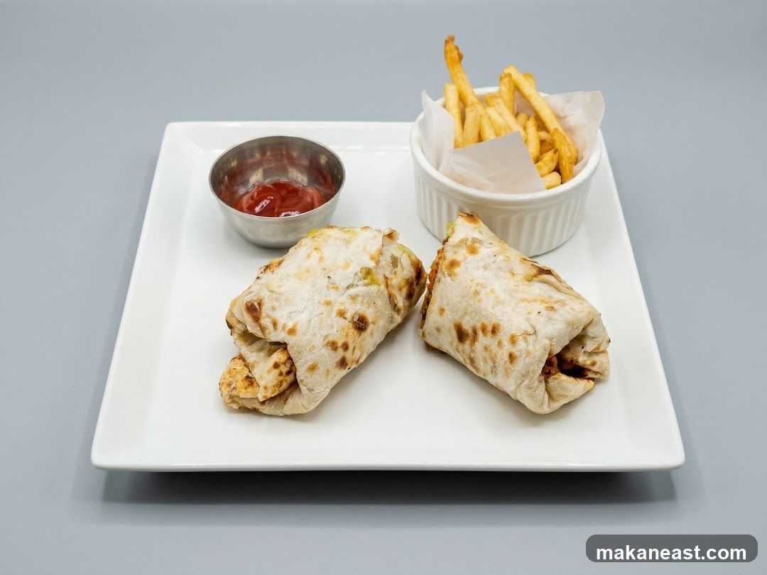 Two wraps with fries and ketchup