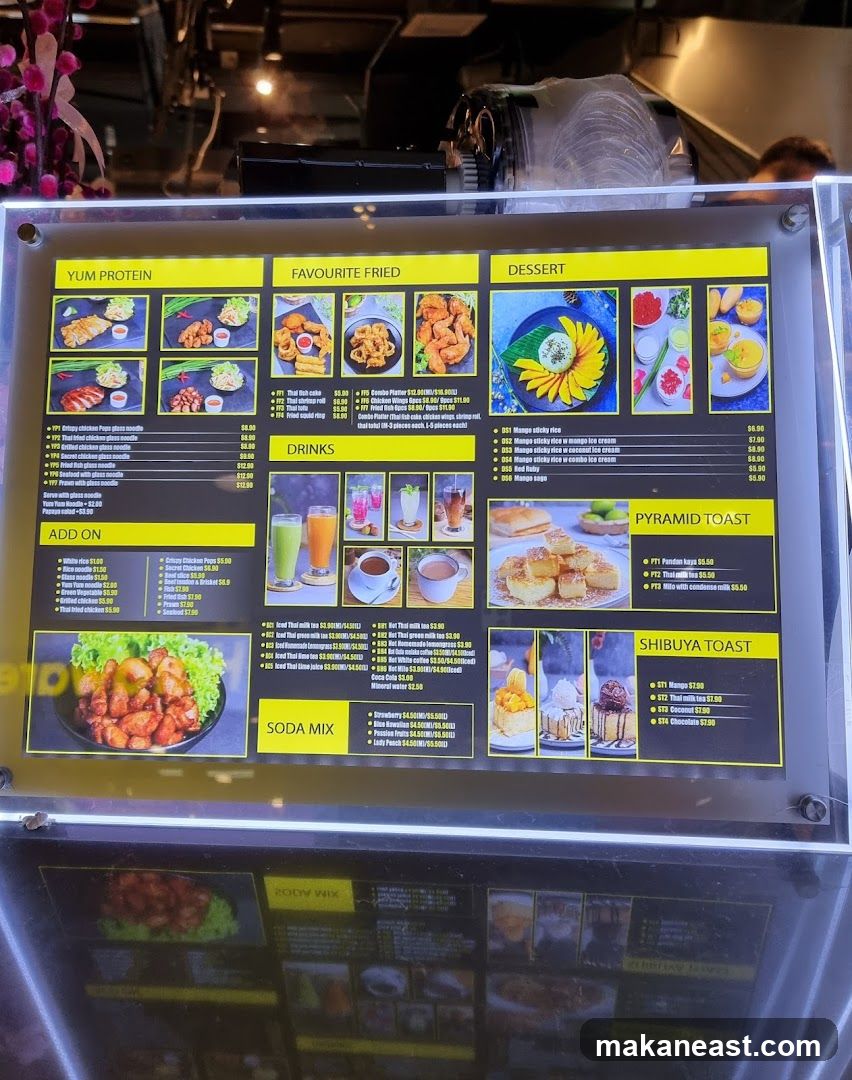 Yum Protein, Favourite Fried, Dessert, Drinks, Soda Mix, Pyramid Toast, Shibuya Toast