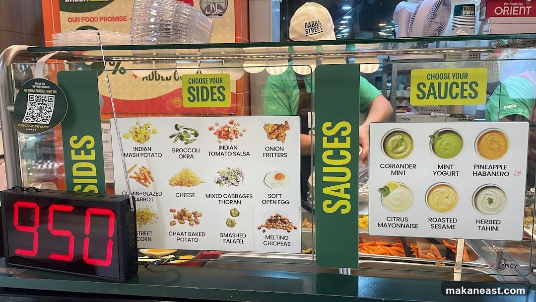 Food counter with sides and sauces menu