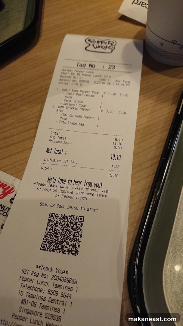 Receipt from Pepper Lunch