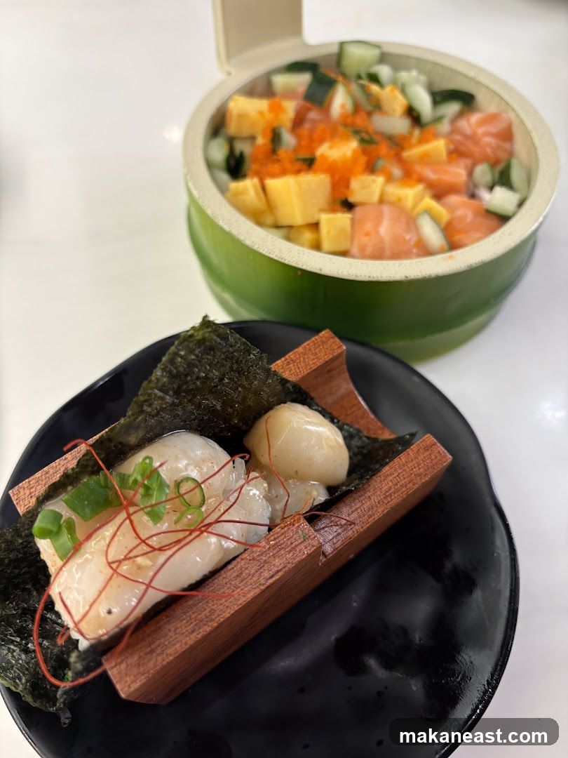 Scallop Nigiri and Salmon Poke Bowl