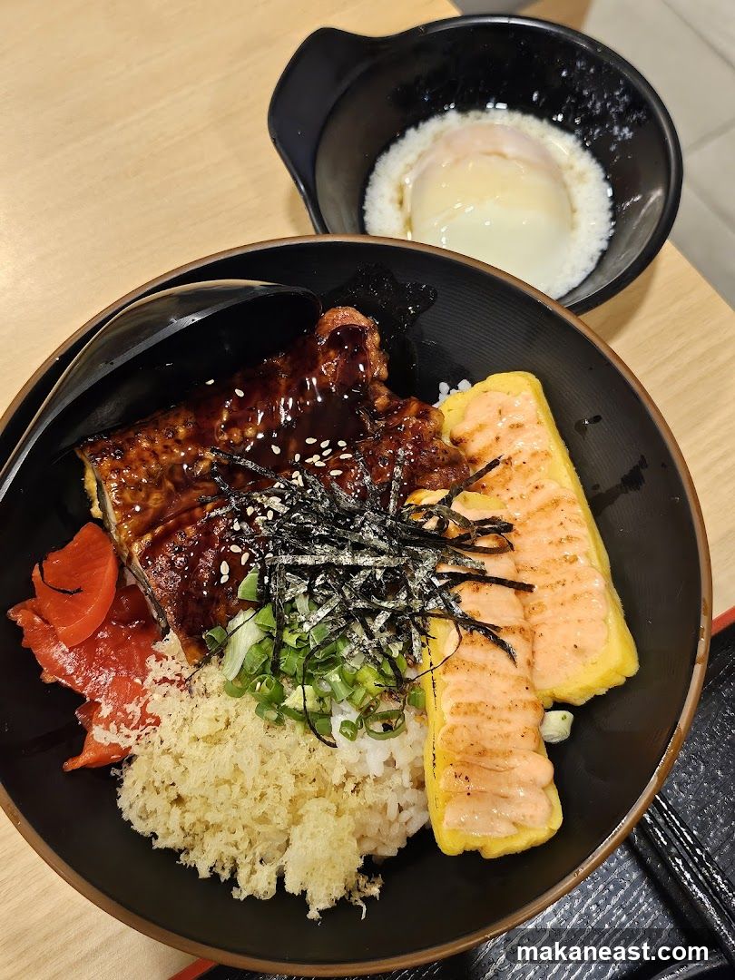Japanese Rice Bowl with Grilled Eel and Salmon