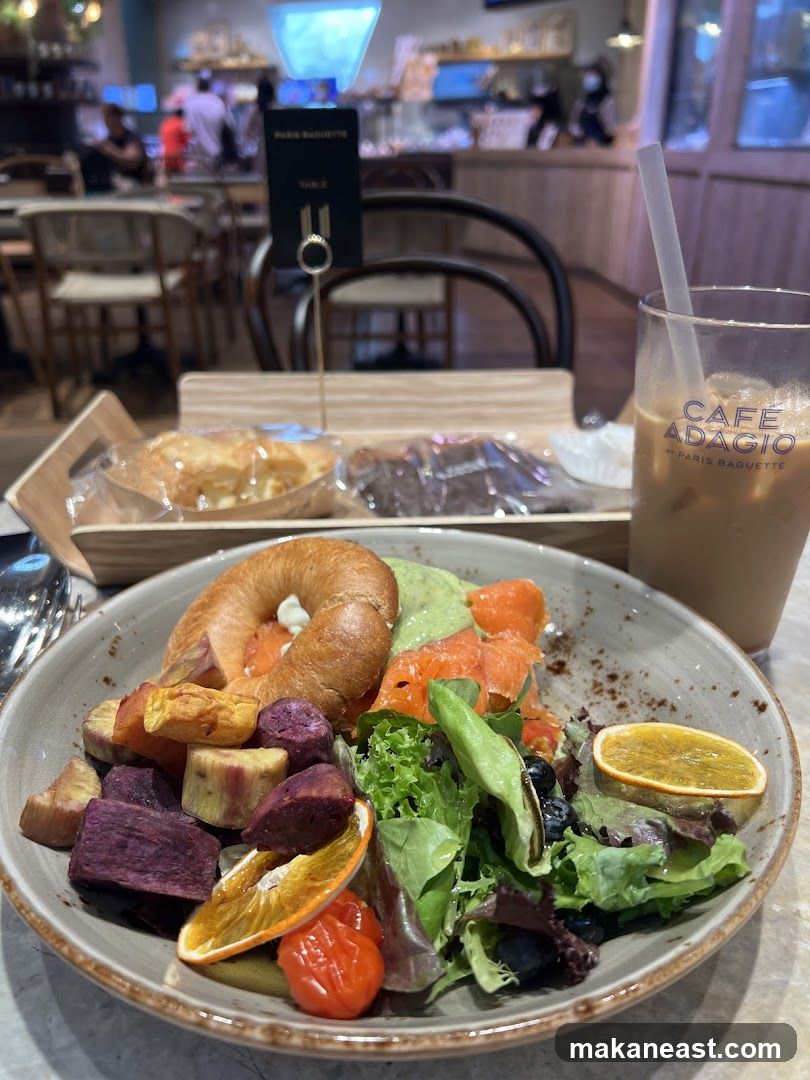 Bagel and Salmon Salad with Iced Coffee