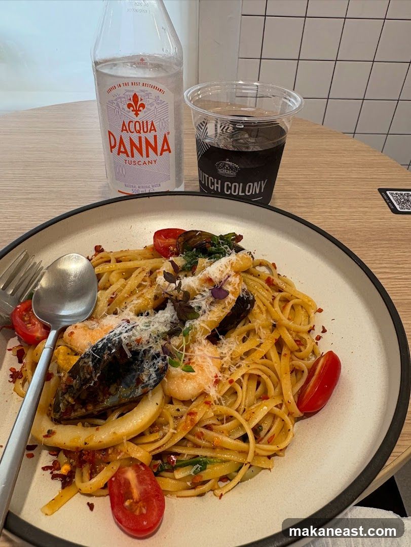 Seafood Linguine with Acqua Panna and Dutch Colony Drink