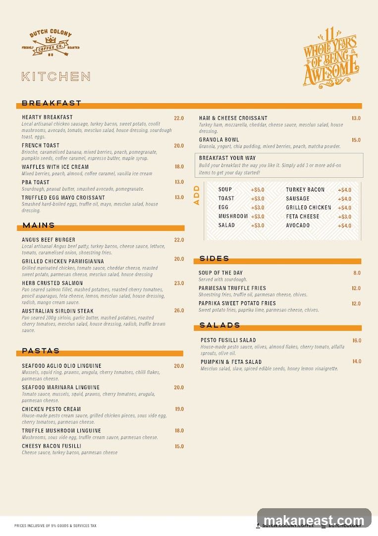 Dutch Colony Kitchen Menu