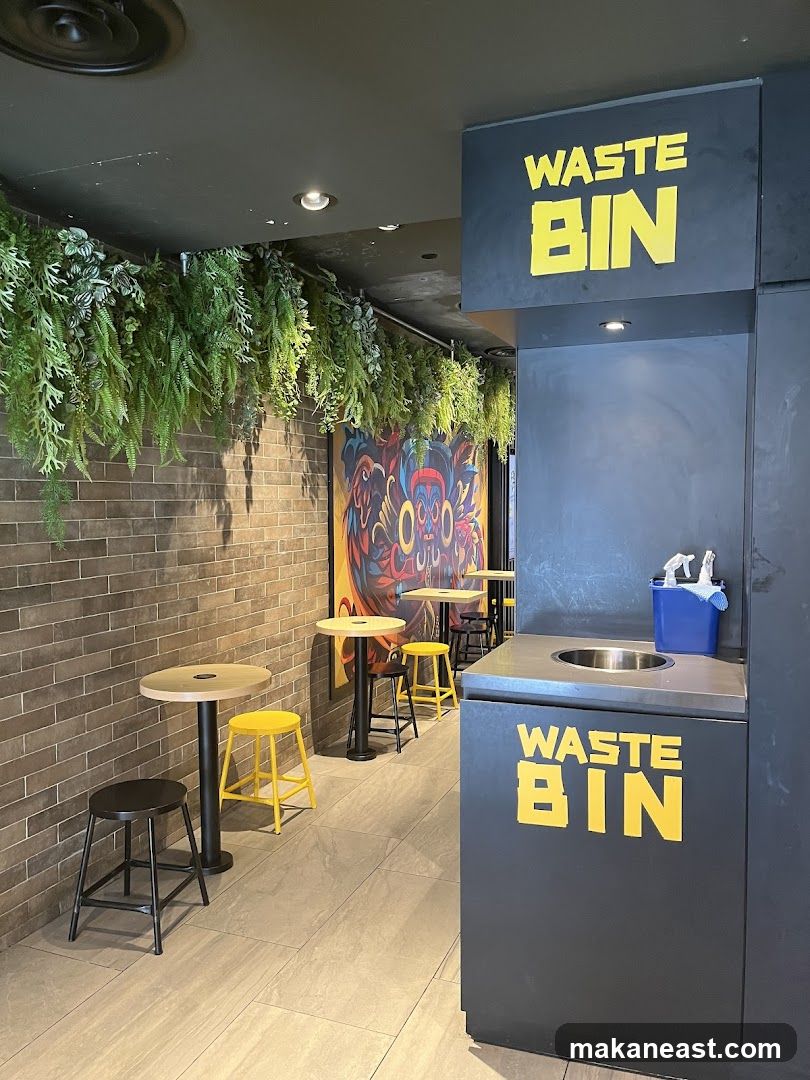 Restaurant Interior with Waste Bins and Seating