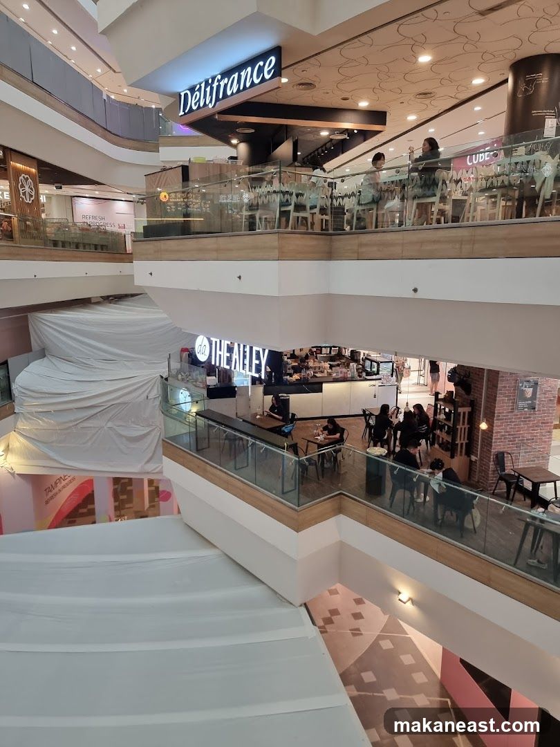 Interior of a shopping mall with cafes