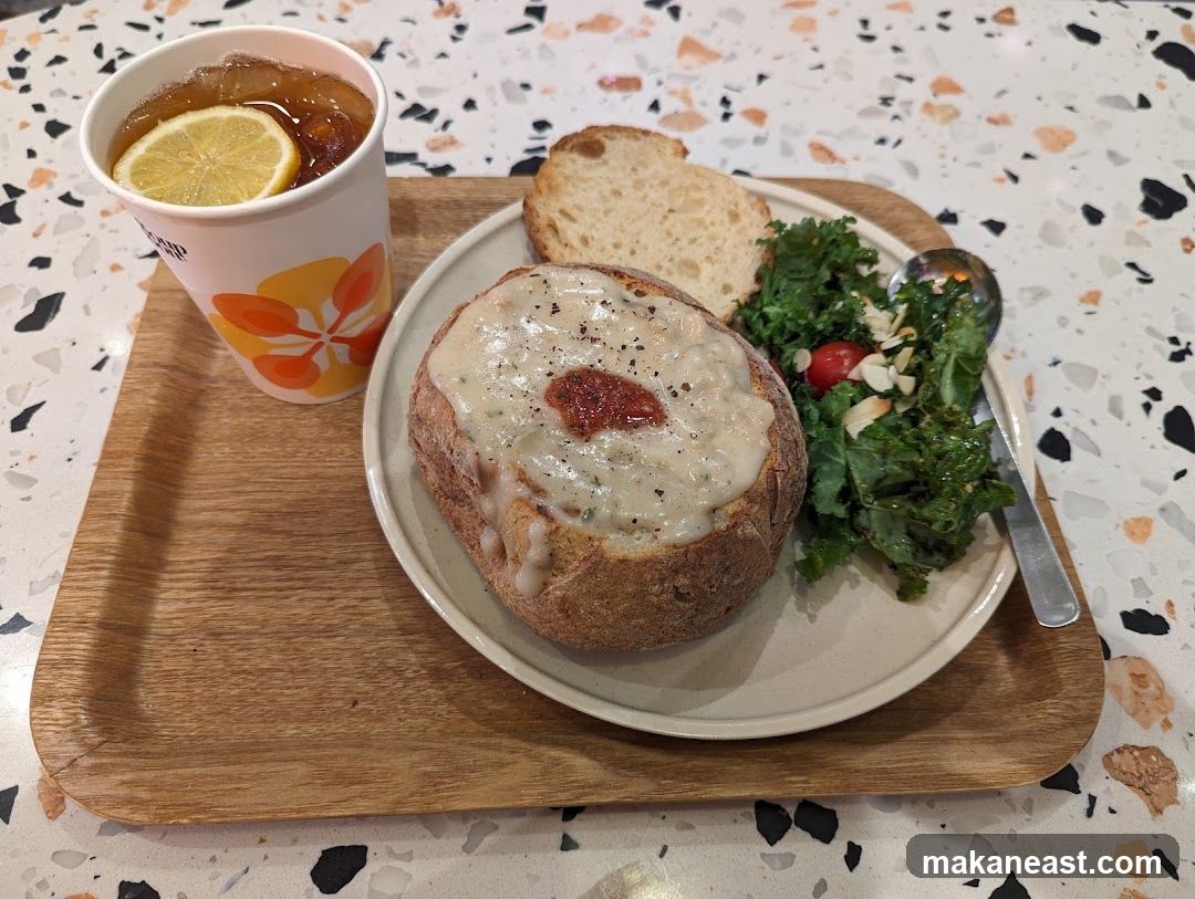 Soup in a Bread Bowl with Salad and Iced Tea