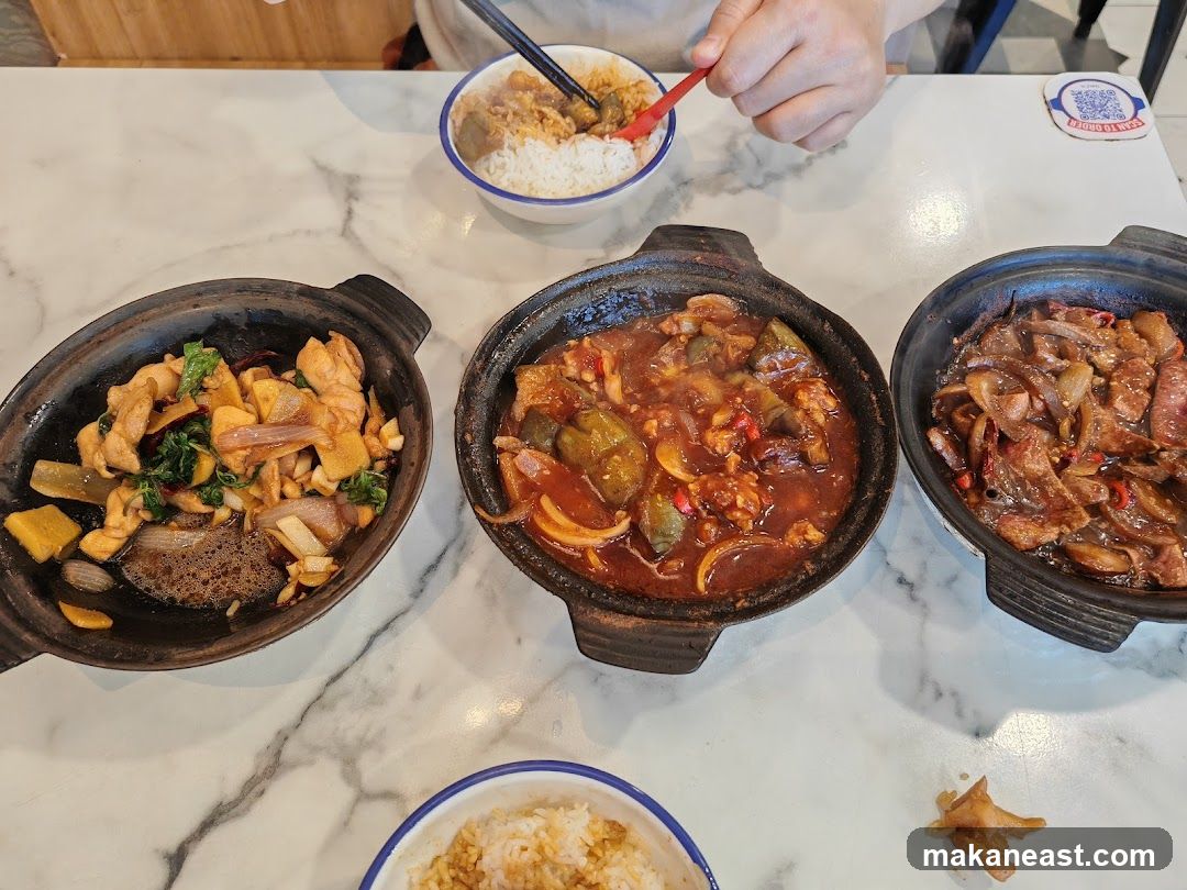 Three Clay Pot Dishes and Rice