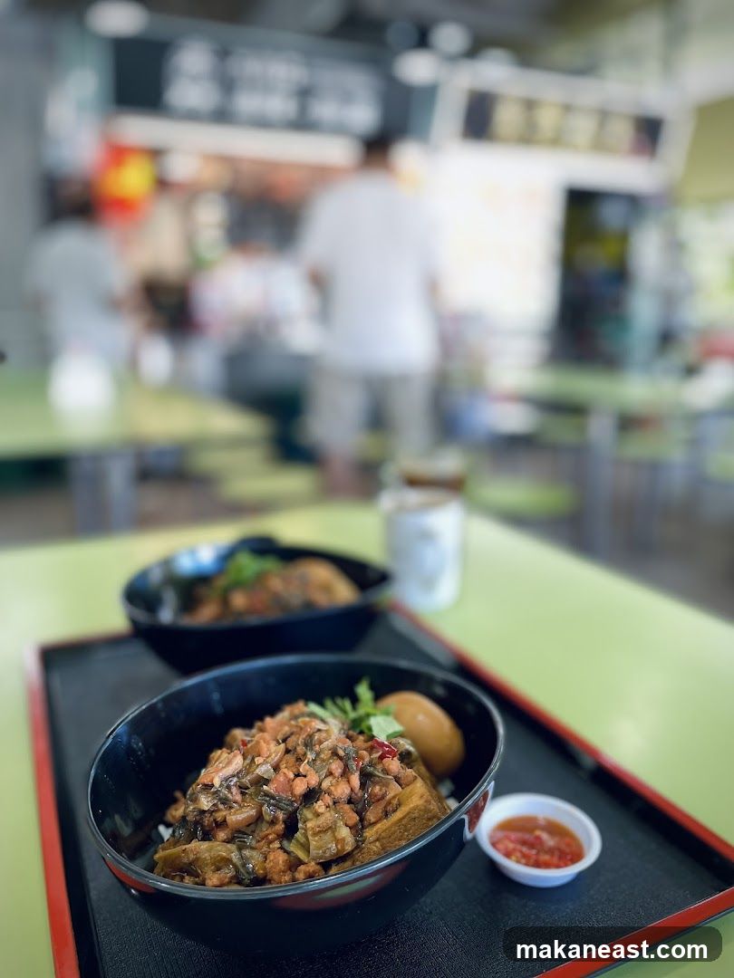 Food court with two bowls of braised pork rice