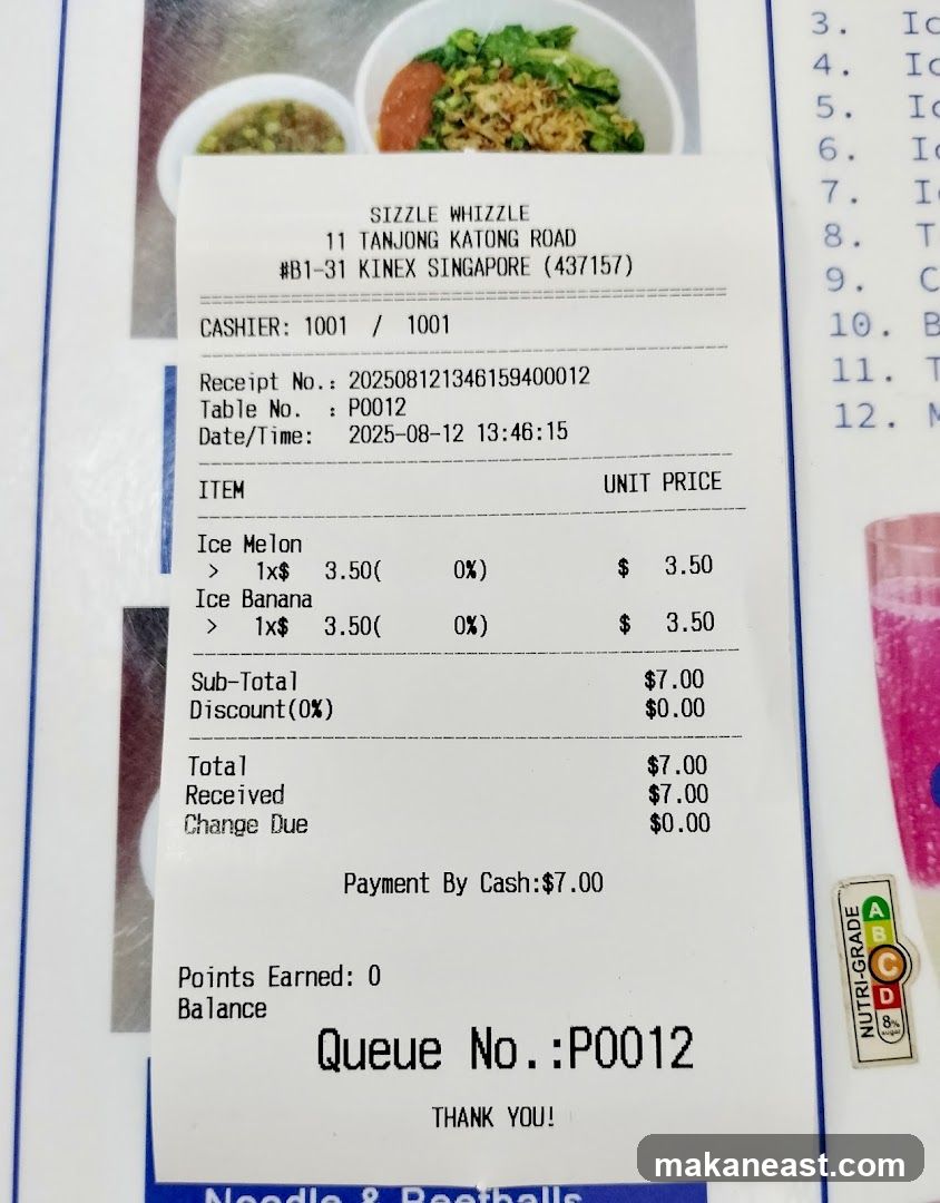 Receipt from Sizzle Whizzle