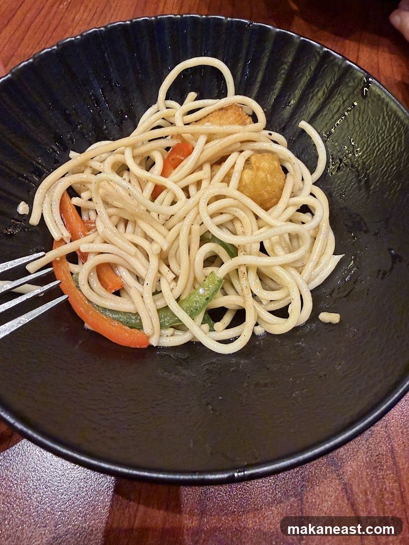 Spaghetti with Vegetables and Fried Bites