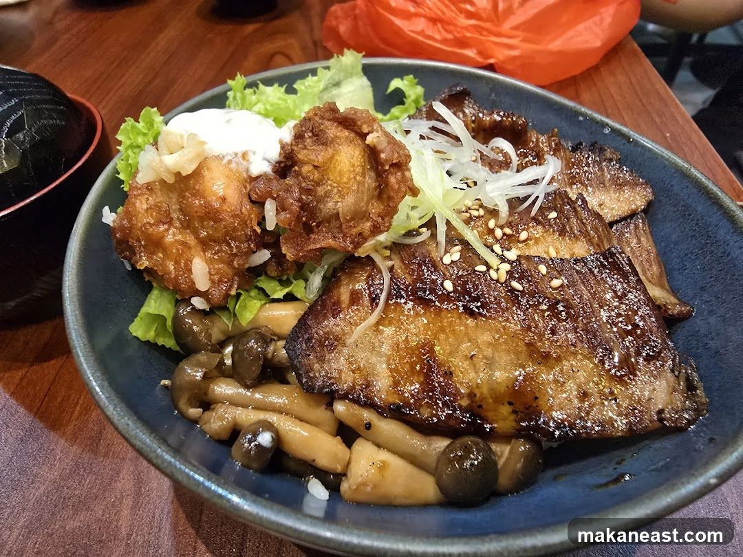 Grilled Pork and Fried Chicken Rice Bowl