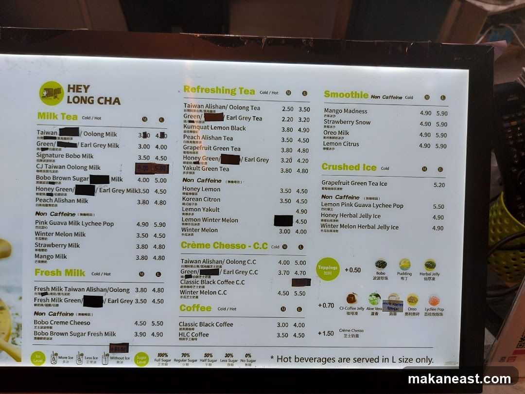 HEY LONG CHA Menu