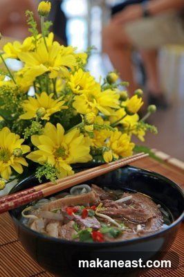 Bowl of noodles with flowers