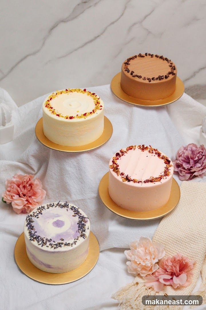 Four decorated mini cakes