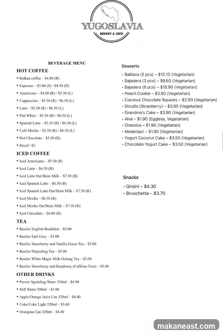 YUGOSLAVIA BAKERY & CAFE BEVERAGE MENU