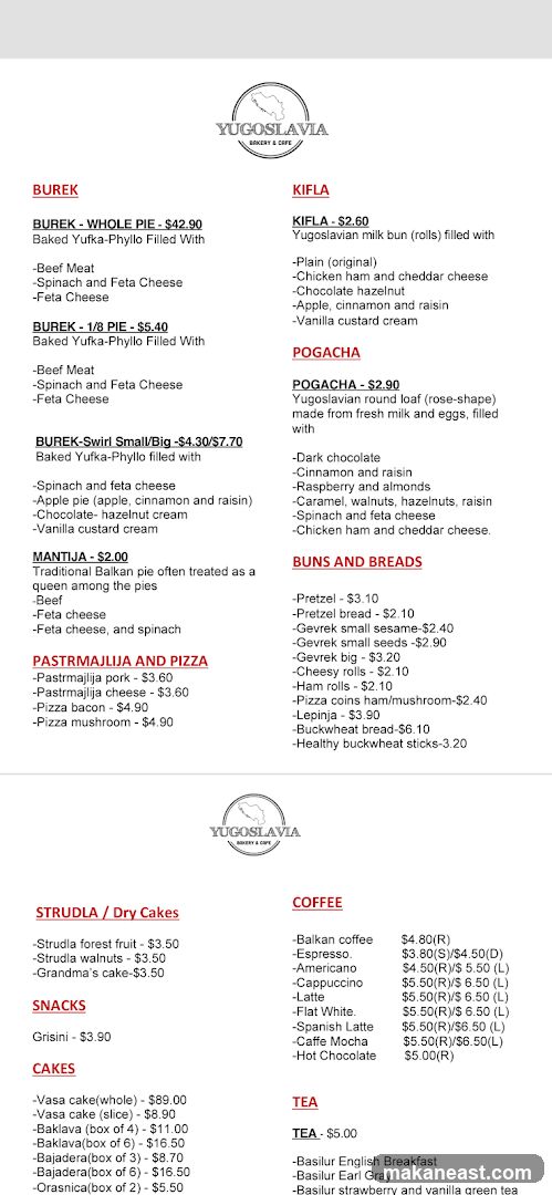 YUGOSLAVIA BAKERY & CAFE Menu