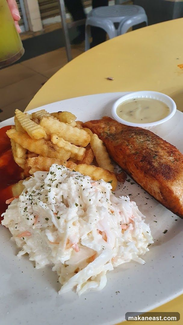 Salmon with Fries and Coleslaw