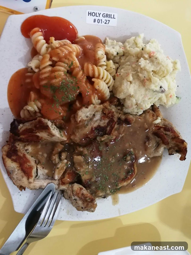 Chicken Chop with Pasta and Potato Salad