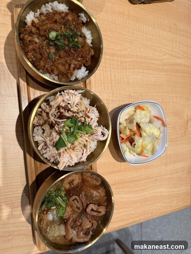 Three Bowls of Rice with Toppings and Pickled Cabbage