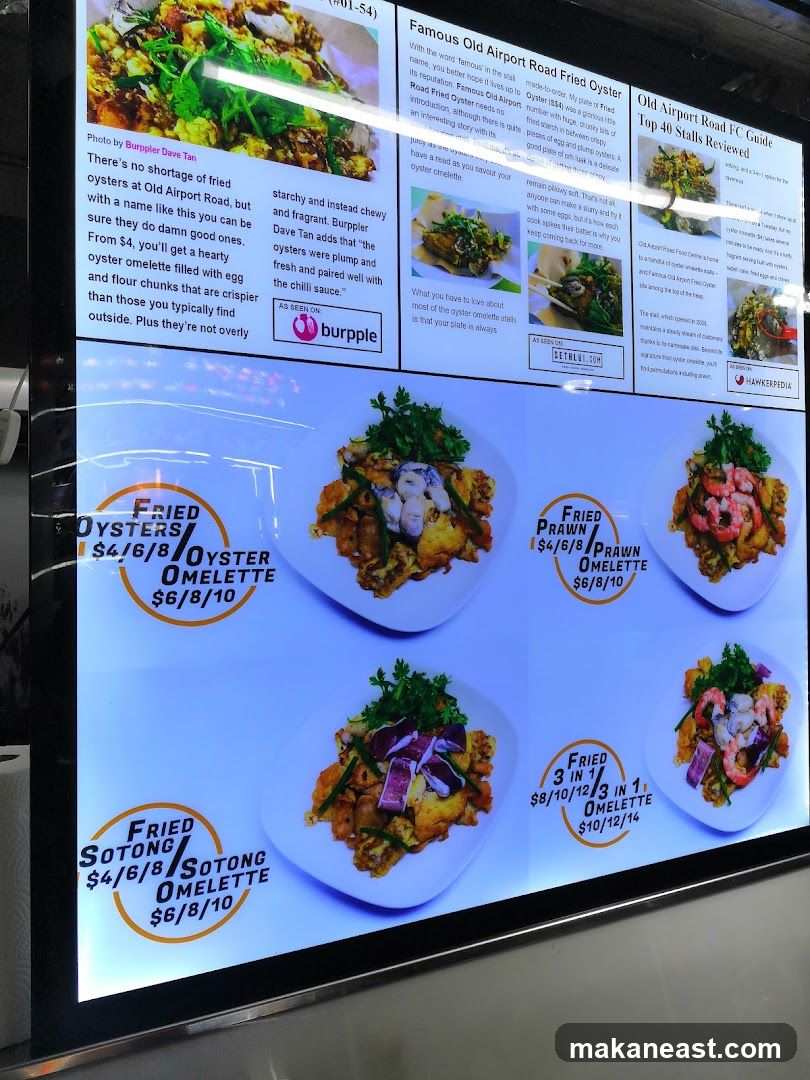 Menu board displaying various fried oyster, prawn, and sotong omelettes with prices. Includes reviews and ratings from various sources.