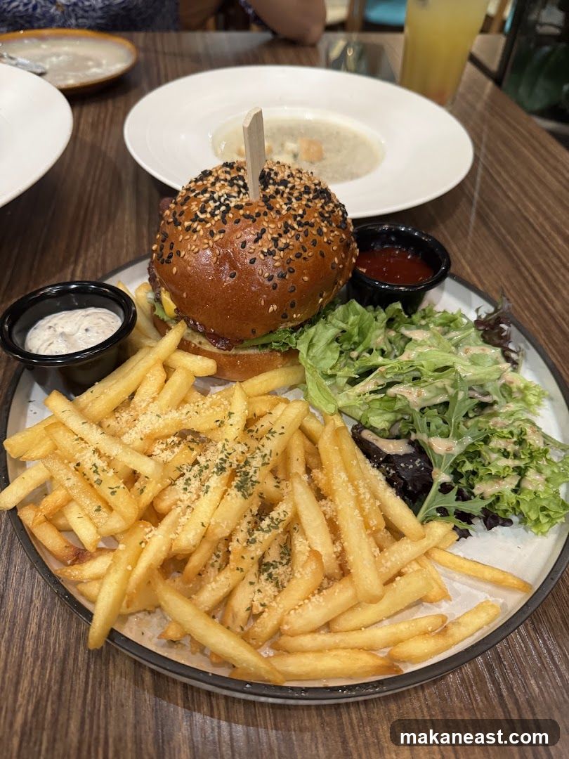 Burger, Fries, and Soup