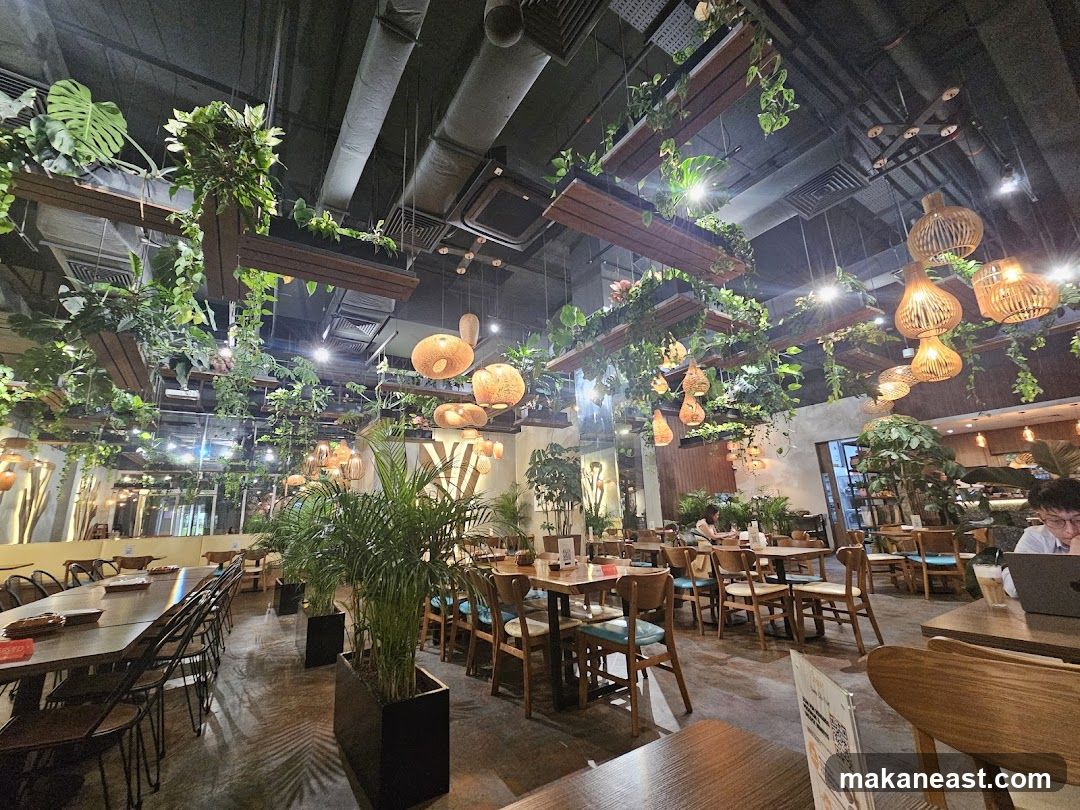 Restaurant Interior with Hanging Plants